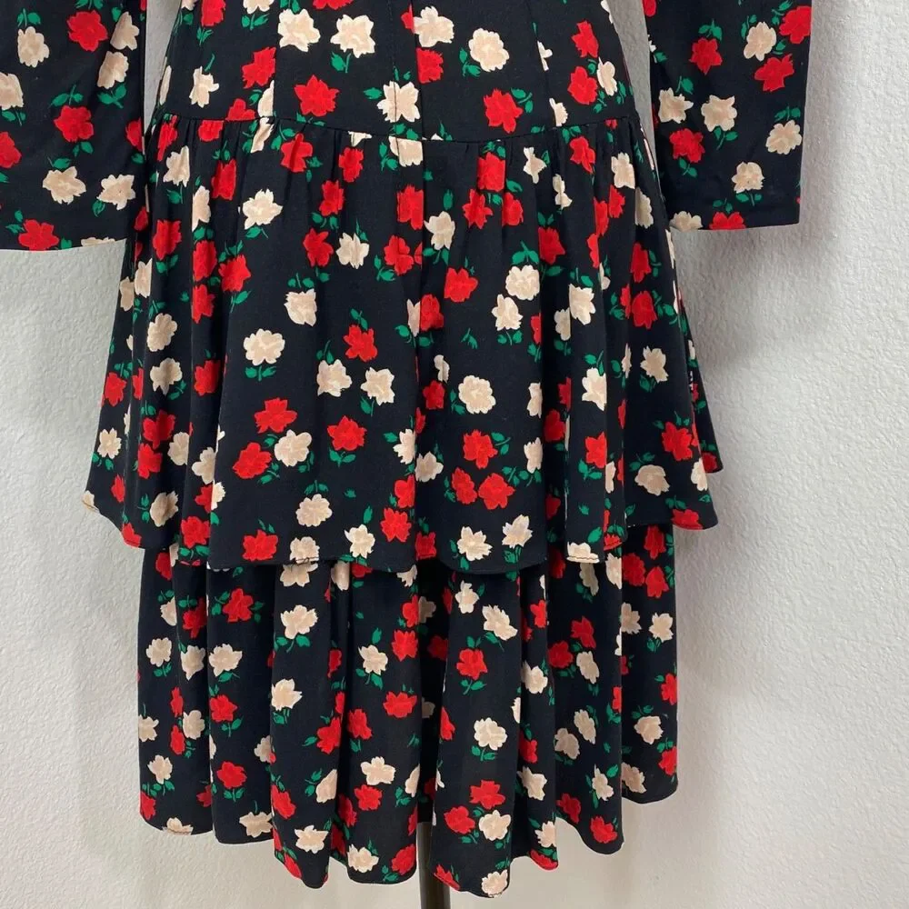 Vtg 80 Drop Waist Layered Skirt Floral Rayon Dress Small Long Sleeve Belt Modest